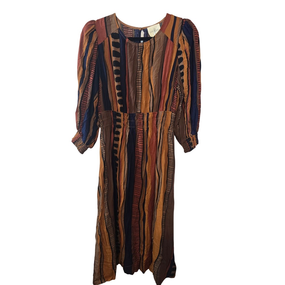 Umgee Womens Small Abstract Stripe Smocked Waist Puff Sleeve Midi Dress Fall NWT